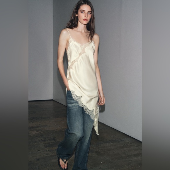 Zara Dresses & Skirts - Zara ZW Collection Asymmetric Lace Satin Dress Ivory Size Small NWT